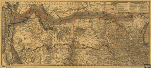 northern and western United States showing relief by hachures, drainage, cities and towns. Color coded to show "Northern Pacific Lines, Proper, Oregon Railway & Navigation Co's System, Oregon and Transcontinental Branch Lines Poster Print - Item # VA
