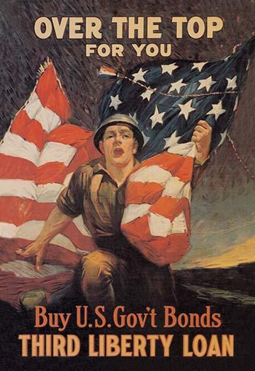 A homefront poster to raise funds for the war effort.  American Soldier Rushes forth to request Americans Buy Liberty Bonds.  "Over the top for you - Buy U.S. gov't bonds, Third Liberty Loan." Poster Print by Sidney H. Riesenberg - Item # VARBLL05870