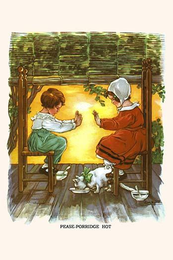 Pease Porridge Hot.  High quality vintage art reproduction by Buyenlarge.  One of many rare and wonderful images brought forward in time.  I hope they bring you pleasure each and every time you look at them. Poster Print by Bird & Haumann - Item # VA