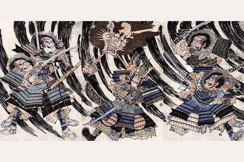 Ukiyo-e print illustration showing Minamoto no Yorimitsu with four hand-picked warriors to help him fight the Oe Mountain demon, Shutend_ji, whose head appears in the middle panel with Raik_.  Raik_ sitenn_ to shutend_ji no kubi Poster Print by unkno