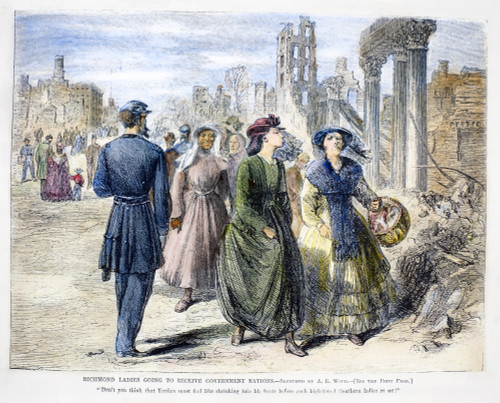Civil War: Richmond, 1865. /Nladies Of Richmond, Virginia, Passing A Union Soldier On Their Way To Receive Government Rations Following The Defeat Of The Confederacy, 1865. Contemporary American Wood Engraving. Poster Print by Granger Collection - It