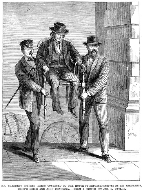 Johnson Impeachment Trial. /Nmortally-Ill Thaddeus Stevens Is Carried Into The Senate During The Impeachment Trial Of President Andrew Johnson In 1868. Wood Engraving, From An American Newspaper, 1868. Poster Print by Granger Collection - Item # VARG