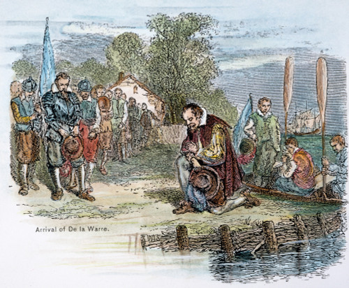 Thomas West (1577-1618). /N12Th Baron De La Warr. English Soldier And Colonist. Sir Thomas Gates Greets Lord De La Warr, Governor And Captain General Of Virginia, On His Arrival From England In 1610. Wood Engraving, 19Th Century. Poster Print by Gran