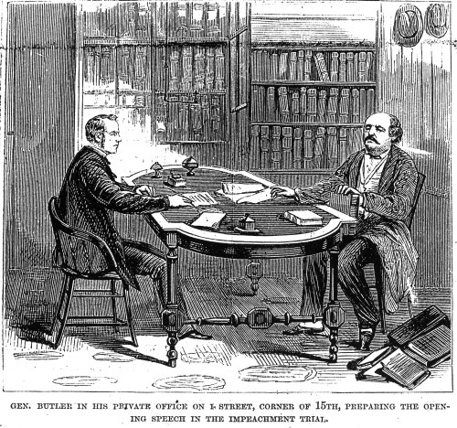 Andrew Johnson (1808-1875). /Nseventeenth President Of The United States. General Benjamin Butler (Right) Prepares The Opening Speech Of The Impeachment Trial Of President Andrew Johnson. Wood Engraving From An American Newspaper, 1868. Poster Print Andrew Johnson (1808-1875). /Nseventeenth President Of The United States. General Benjamin Butler (Right) Prepares The Opening Speech Of The Impeachment Trial Of President Andrew Johnson. Wood Engraving From An American Newspaper, 1868. Poster Print