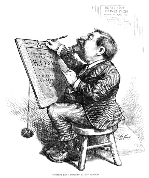 Thomas Nast (1840-1902). /Namerican Cartoonist. '"Continue That I Broached In Jest." -Shakespeare.' Cartoon By Thomas Nast Of Himself, Writing Out His Picks For The Presidential Election Of 1876 - Hamilton Fish And Rutherford B. Hayes. Poster Print b