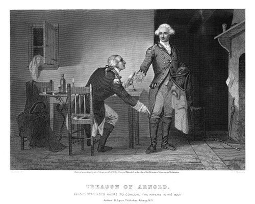 Arnold & Andre, 1780. /Nbenedict Arnold Persuading Major John Andre To Conceal The Plans Of West Point In His Boot At Their Meeting On 21 September 1780. Steel Engraving, American, 19Th Century. Poster Print by Granger Collection - Item # VARGRC00035