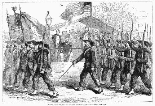 Civil War: 39Th Regiment. /Nthe 39Th New York State Volunteers, Known As The 'Garibaldi Guard,' Carrying The Italian Revolutionary Tricolor Flag, Marching Past President Lincoln During The Civil War, C1862. Wood Engraving, Late 19Th Century. Poster P Civil War: 39Th Regiment. /Nthe 39Th New York State Volunteers, Known As The 'Garibaldi Guard,' Carrying The Italian Revolutionary Tricolor Flag, Marching Past President Lincoln During The Civil War, C1862. Wood Engraving, Late 19Th Century. Poster P