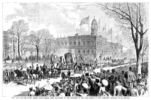 Peace Jubilee, 1871. /Nfloat With King Gambrinus And His Brewers At The Procession Of The Grand German Peace Jubilee Passing In Front Of Cty Hall, New York City, 10 April 1871. Contemporary American Wood Engraving. Poster Print by Granger Collection