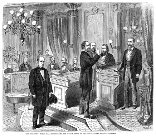 Abraham Oakley Hall /N(1826-1898). American Politician And Mayor Of New York City. Mayor Hall Administering The Oath Of Office To The Newly Elected Board Of Alderman. Engraving, American, January 1872. Poster Print by Granger Collection - Item # VARG