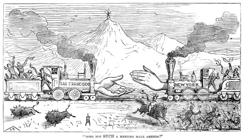 Railroading: Construction. /N'Does Not Such A Meeting Make Amends?' Contemporary American Cartoon Commemorating The Joining Of The Central Pacific And Union Pacific Railroads At Promontory Point, Utah On 10 May 1869. Poster Print by Granger Collectio