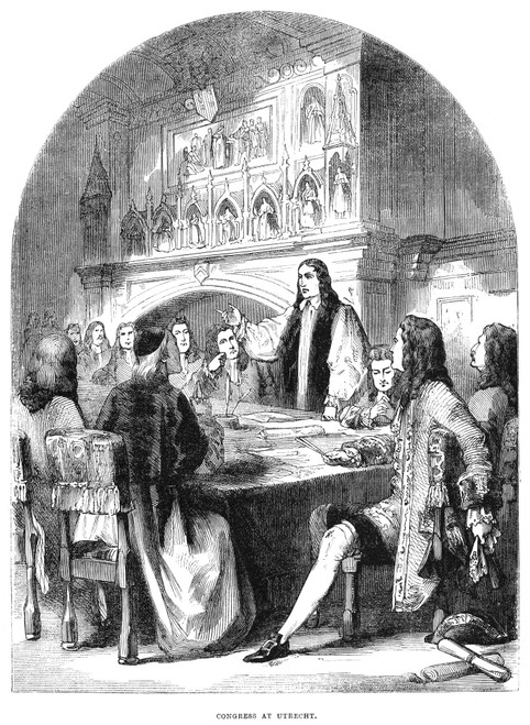 Congress Of Utrecht, 1713. /Nthe Congress Of Utrecht, Holland, Which In 1713 Concluded An Elaborate Series Of Negotiations Known As The Treaty Of Utrecht, Thus Ending The Wars Of Spanish Succession. Wood Engraving, English, 19Th Century. Poster Print