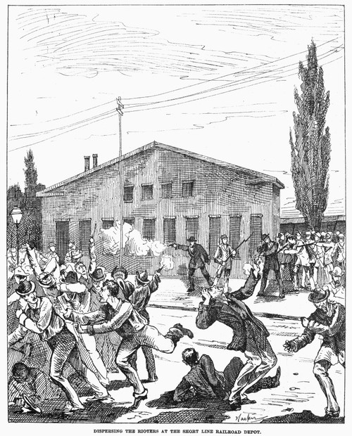 Great Railroad Strike, 1877. /N'Dispersing The Rioters At The Short Line Railroad Depot.' Scene In Louisville, Kentucky, During The Great Upheaval Of July 1877. Line Engraving From A Contemporary American Newspaper. Poster Print by Granger Collection