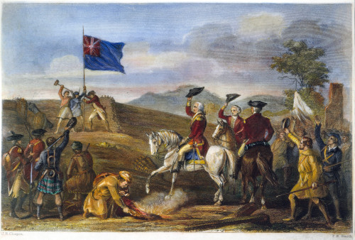 Washington: Fort Duquesne. /Ncolonel George Washington (Center) Of The Virginia Militia Raising His Hat To The British Flag Over Fort Duquesne (Rebuilt As Fort Pitt) In November 1758: Colored Engraving, 19Th Century. Poster Print by Granger Collectio