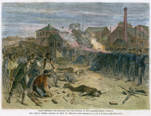 Great Railroad Strike, 1877. /Nfederal Troops Open Fire On Rioters At The Halstead Street Viaduct In Chicago On The Night Of July 26 During The Great Railroad Strike Of 1877. Wood Engraving From A Contemporary American Newspaper. Poster Print by Gran