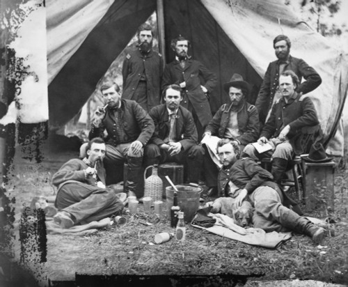 Civil War: Custer, 1862. /Nthe Staff Of General Fitz-John Porter; Reclining: Lieutenants William G. Jones And George A. Custer, At The Peninsula, Virginia, 20 May 1862. Photographed By James F. Gibson. Poster Print by Granger Collection - Item # VARG Civil War: Custer, 1862. /Nthe Staff Of General Fitz-John Porter; Reclining: Lieutenants William G. Jones And George A. Custer, At The Peninsula, Virginia, 20 May 1862. Photographed By James F. Gibson. Poster Print by Granger Collection - Item # VARG