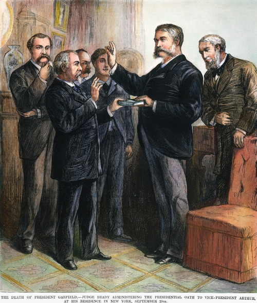 Chester Alan Arthur: Oath. /Nvice President Chester Alan Arthur Taking The Presidential Oath Of Office At His Residence In New York City On 20 September 1881 Following The Death Of President James A. Garfield. Contemporary American Wood Engraving. Po