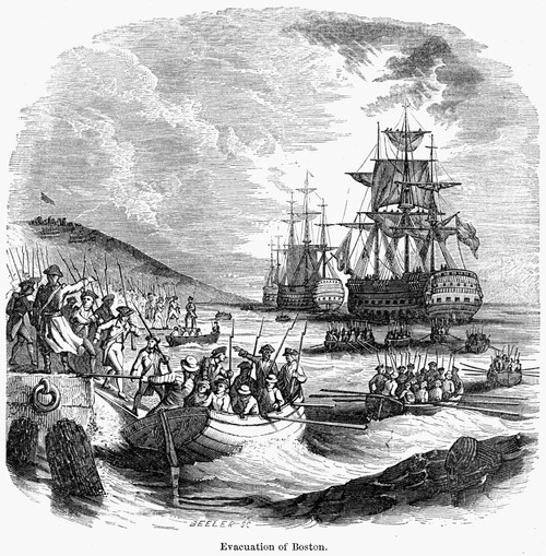 Boston: Evacuation, 1776. /Ngeneral George Washington Observing The Evacuation Of Boston, Massachusetts, By The British Forces Under Sir General William Howe, 17 March 1776. Wood Engraving, 19Th Century. Poster Print by Granger Collection - Item # VA