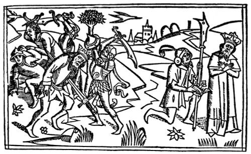 David Offered Crown. /Nking Saul Falls On His Sword After The Battle Of Gilboa, And The Crown Is Offered To The Lamenting David (1 Samuel 31: 1-6 And 2 Samuel 1: 1-17). Woodcut From The Cologne Bible, 1478-80. Poster Print by Granger Collection - Ite