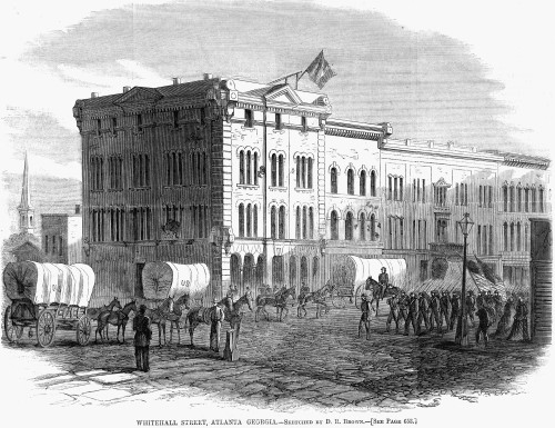U.S. Cities: Atlanta./Na View From The Spectator Stands On Whitehall Street Looking East To The Georgia Railroad Bank And The Railroad Depot; Note The Presence Of Union Soldiers On The Street: Wood Engraving, 1864. Poster Print by Granger Collection