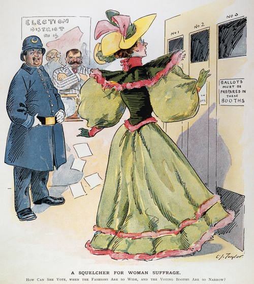 Women'S Rights Cartoon. /N'A Squelcher For Woman Suffrage.' American Cartoon, 1894, By C. Jay Taylor Facetiously Suggesting That The Then Current Fashions Were An Effective Barrier To Woman Suffrage. Poster Print by Granger Collection - Item # VARGRC