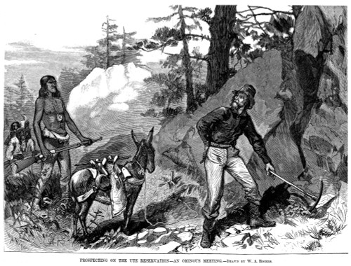 Illegal Prospecting, 1879. /Na Prospector Caught Illegally Searching For Gold On A Ute Native American Reservation In The Utah Territory. Wood Engraving, American, 1879, After A Drawing By W.A. Rogers. Poster Print by Granger Collection - Item # VARG