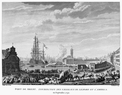 French Revolution, 1790. /Nriots At The Port At Brest, France Upon The Arrival Of The Ships, The 'L_Opard' And 'L'America,' September 1790. French Line Engraving By Jean-Louis Prieur, Early 19Th Century. Poster Print by Granger Collection - Item # VA
