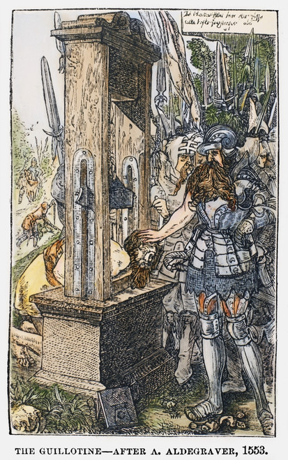 Rome: Guillotine, C340 B.C. /Nroman Consul Titus Manlius Torquatus Placing His Son'S Head In The Guillotine After Ordering His Execution, C340 B.C. Wood Engraving, American, 1872, After An Engraving Of 1553 By Heinrich Aldegrever. Poster Print by Gra
