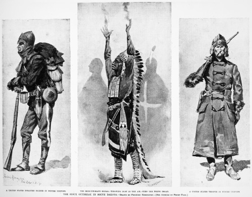 Wounded Knee, 1890. /Ncontemporary Drawings By Frederic Remington Depicting The Sioux Uprising In South Dakota. From Left: United States Infantry Soldier In Winter Uniform; Sioux Medicine Man; United States Trooper In Winter Uniform. Poster Print by