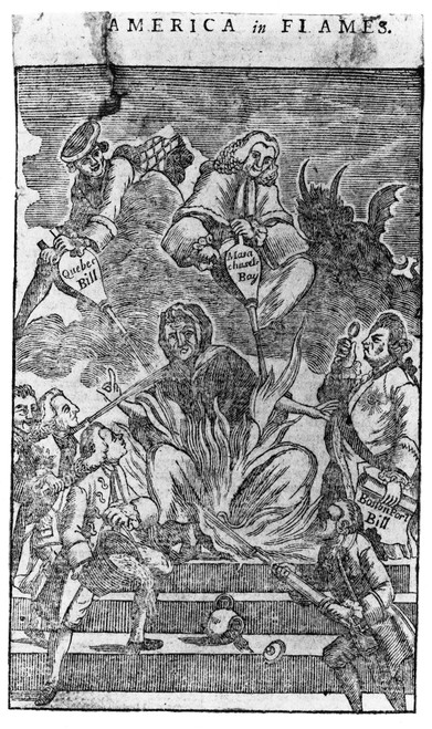 Cartoon: Intolerable Acts, C1774. 'America In Flames.' Intolerable Acts Fan The Flames Already Burning In Britain'S American Colonies. Patriots Work To Put Out The Fire As King George Iii Observes At Right. English Cartoon, C1774. Poster Print by Gra Cartoon: Intolerable Acts, C1774. 'America In Flames.' Intolerable Acts Fan The Flames Already Burning In Britain'S American Colonies. Patriots Work To Put Out The Fire As King George Iii Observes At Right. English Cartoon, C1774. Poster Print by Gra