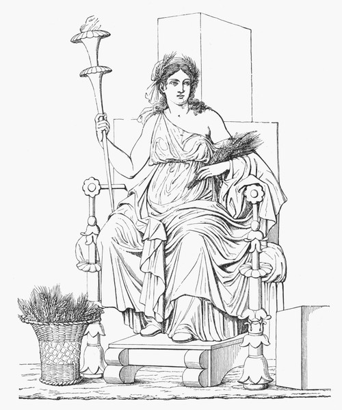 Demeter/Ceres. /Nthe Greek Goddess (Roman Goddess Ceres) Of The Growth Of Food Plants, Enthroned With Her Attribute Of Wheat. /Nline Engraving After A Wall Painting In Pompeii, Italy, 19Th Century. Poster Print by Granger Collection - Item # VARGRC00