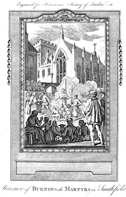 Foxe: Book Of Martyrs. /Nthe Burning Of Protestant Martyrs In Smithfield Market, London, England. Line Engraving From A Late 18Th Century English Edition Of John Foxe'S 'The Book Of Martyrs,' First Published In 1563. Poster Print by Granger Collectio