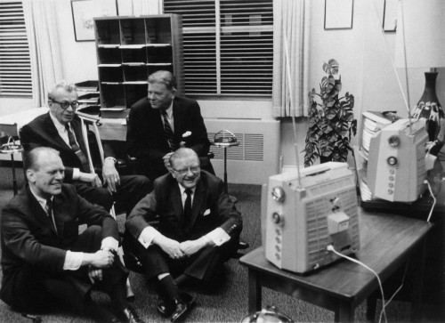 Republican House Minority Leader Gerald Ford Senator Everett Dirksen Ray Bliss Chairman Of The Republican National Committee And Rep. Thruston Morton Watch Mid-Term Election Returns On Several Televisions. Nov. 8. 1966. History - Item # VAREVCHISL029