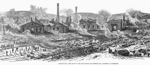 Great Railroad Strike, 1877. /Nthe Ruins Of The Round-House And Car-Shops At The Railroad Station In Pittsburgh, Pennsylvania, Set On Fire By Rioters In July 1877. Wood Engraving From A Contemporary American Newspaper. Poster Print by Granger Collect