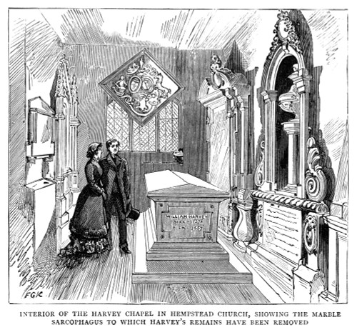 William Harvey (1578-1657). /Nenglish Physician And Anatomist. Interior Of The Harvey Chapel At Hempstead Church, Where The Remains Of Harvey Were Reinterred In A Marble Sarcophagus In 1883. English Engraving, 1883. Poster Print by Granger Collection