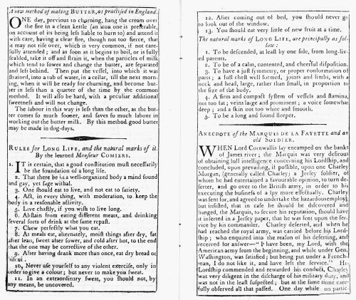 Farmer'S Almanac, 1793. /Ntwo Pages In A Facsimile Of The First (Old) 'Farmers' Almanac, Boston, 1793, Containing 'Rules For Long Life,' 'A New Method Of Making Butter, As Practised In England' And An Anecdote About The Marquis De Lafayette. Poster P