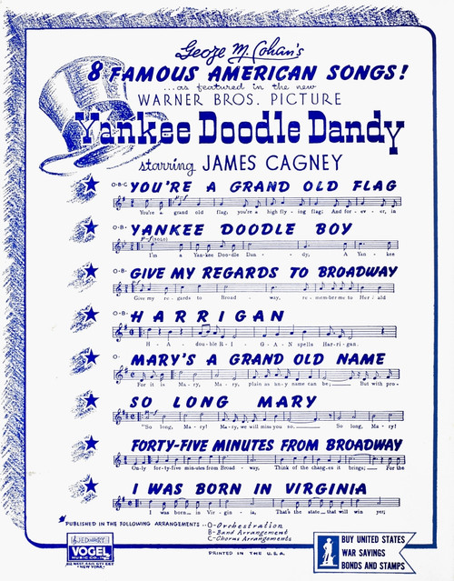 Sheet Music Cover, 1942. /Nreverse Of An American Sheet Music Cover, 1942, For The Song 'Give My Regards To Broadway' By George M. Cohan, Listing All Eight Of The Cohan Compositons Featured In The 1942 Motion Picture 'Yankee Doodle Dandy.' Poster Pri