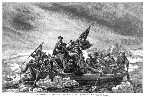 Crossing The Delaware. /N'Washington Crossing The Delaware.' General George Washington Leading His Troop Across The Delaware River During The American Revolutionary War, 1776. Wood Engraving After The Painting By Emanuel Leutze (1816-1868). Poster Pr