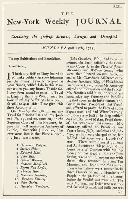 Ny Weekly Journal, 1735. /Nfront Page Of John Peter Zenger'S 'New York Weekly Journal' Of 18 August 1735, The Issue Published Following The Celebrated Trial, Which Announced The Vindication Of A Free Press. Poster Print by Granger Collection - Item #
