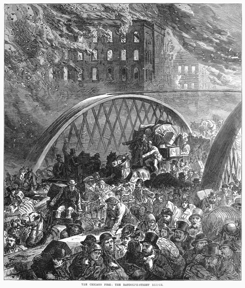 Chicago: Fire, 1871. /Ncitizens Fleeing The Great Fire In Chicago, 7-10 October 1871, On The Randolph Street Bridge Crossing The Chicago River./Nwood Engraving From A Contemporary English Newspaper. Poster Print by Granger Collection - Item # VARGRC0 Chicago: Fire, 1871. /Ncitizens Fleeing The Great Fire In Chicago, 7-10 October 1871, On The Randolph Street Bridge Crossing The Chicago River./Nwood Engraving From A Contemporary English Newspaper. Poster Print by Granger Collection - Item # VARGRC0