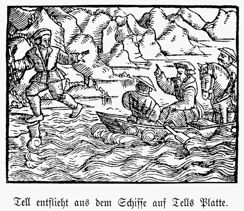 William Tell. /Nlegendary Swiss Hero. Tell Escapes During A Storm And Leaps Ashore. Woodcut From Jakob Ruff'S Version 'Von Dem Frommen Und Ersten Eydgnossen Wilhelm Thellen,' Acted By The Townspeople Of Zurich, Switzerland, On New Year'S Day, 1545. P
