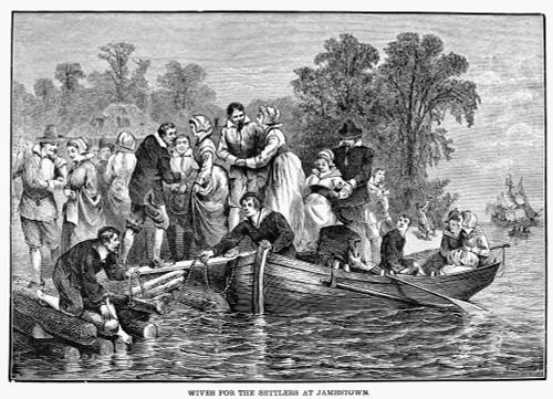 Jamestown: Women. /Nfemale Convicts Transported From English Prisons Arriving In Jamestown, Virginia, As Indentured Servants. Many Often Became Wives Of The Male Settlers In Mass Weddings. Line Engraving, 19Th Century. Poster Print by Granger Collect