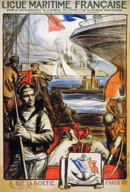 World War I: French Poster. /N'French Naval League For The Development Of The Navy And The Mercantile Marines.' French Lithograph Poster, 1918, Depicting Sailors Working On A Ship In Dock During World War I. Poster Print by Granger Collection - Item