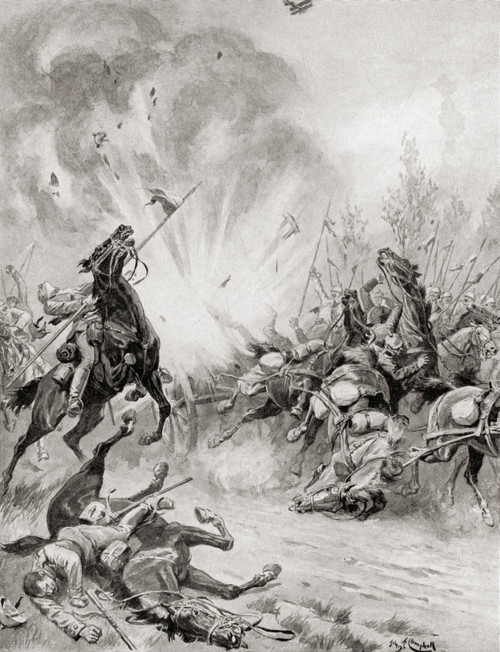 Destruction caused by a British bomb thrown from an aeroplane onto a German cavalry column and hitting an ammunition waggon during WWI.  From The War Illustrated Album Deluxe, published 1915. Poster Print by Hilary Jane Morgan / Design Pics - Item #