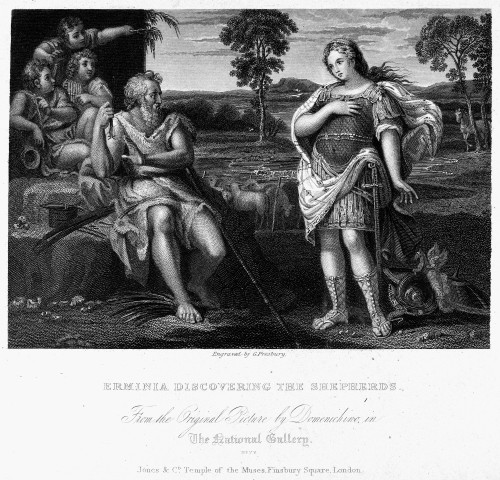Erminia And Shepherds. /Nerminia Discovering The Shepherds, A Scene From Torquato Tasso'S Epic Poem, 'Jerusalem Delivered' (1581). Steel Engraving, English, C1835, After A Painting By Domenichino (1581-1641). Poster Print by Granger Collection - Item