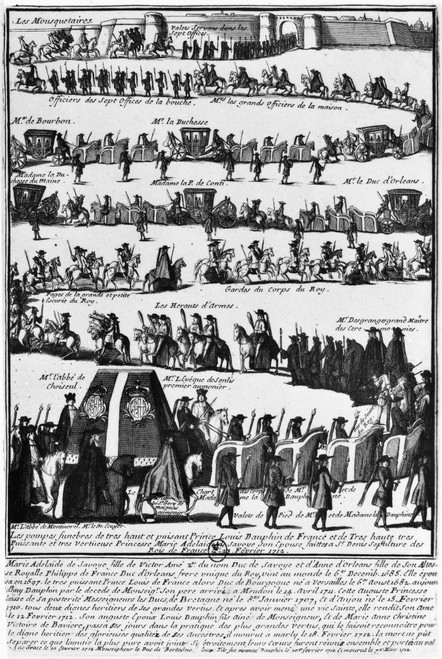 Louis, Duke Of Burgundy /N(1682-1712). Louis De France, Duke Of Burgundy. The Funeral Procession Of Louis And His Wife, Marie-Adelaide De Savoy, To Be Buried At The Basilica Of Saint Denis In Paris. Line Engraving, 18Th Century. Poster Print by Grang