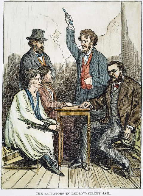 Victoria Claflin Woodhull /N(1838-1927). American Reformer. G.F. Train (With Pistol) Visiting Victoria Claflin Woodhull And Her Sister, Tennessee Claflin, In A New York City Prison During The 1870S. Line Engraving, American, 19Th Century. Poster Prin