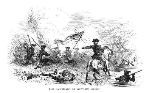 Battle Of Long Island, 1776. /Namerican Soldiers Attempting To Retreat Across Gowanus Creek During The Battle Of Long Island, 27 August 1776. Wood Engraving, American, 1877, After Felix O.C. Darley. Poster Print by Granger Collection - Item # VARGRC0
