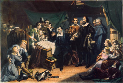 Mayflower: Compact, 1620. /Nthe Pilgrims Signing The Compact Aboard The Mayflower Off The Coast Of Provincetown, Massachusetts, 11 November 1620. Engraving, 1859, After Tompkins Harrison Matteson. Poster Print by Granger Collection - Item # VARGRC000