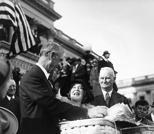 Smoot-Hawley Tariff Act. /Nsenator Reed Smoot, Left, And Representative Willis C. Hawley On The Steps Of The Capitol With Petitions For Reductions In Their Proposed Tariff Bill, 7 December 1929. Poster Print by Granger Collection - Item # VARGRC01293