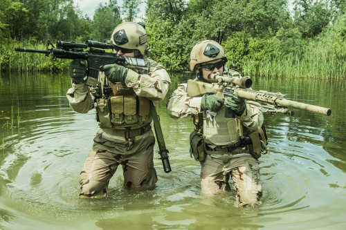 Navy SEALs crossing the river with weapons. Poster Print by Oleg Zabielin/Stocktrek Images - Item # VARPSTZAB101184M